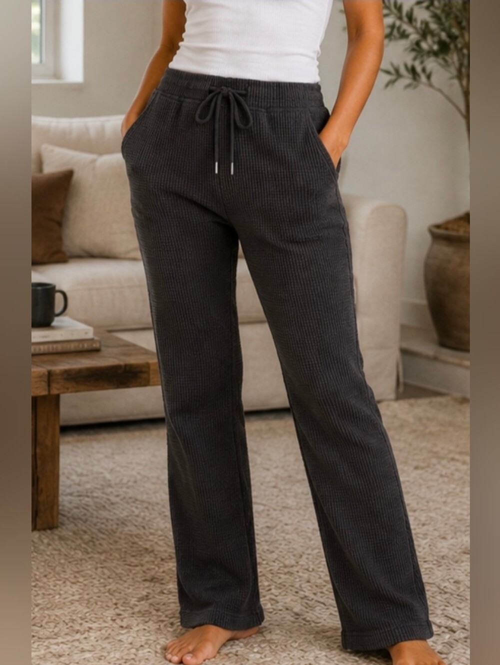 Carbon2Cobalt Women’s Small Waffle Knit Cotton Lounge Pants Charcoal Drawstring